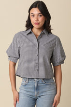 Load image into Gallery viewer, Black/White Gingham Button Puff Slv Top