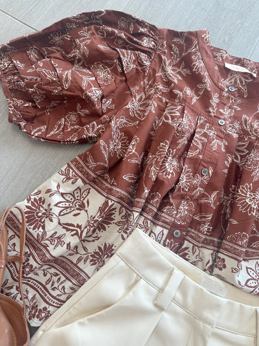 Brown/Cream Printed Puff Slv Top