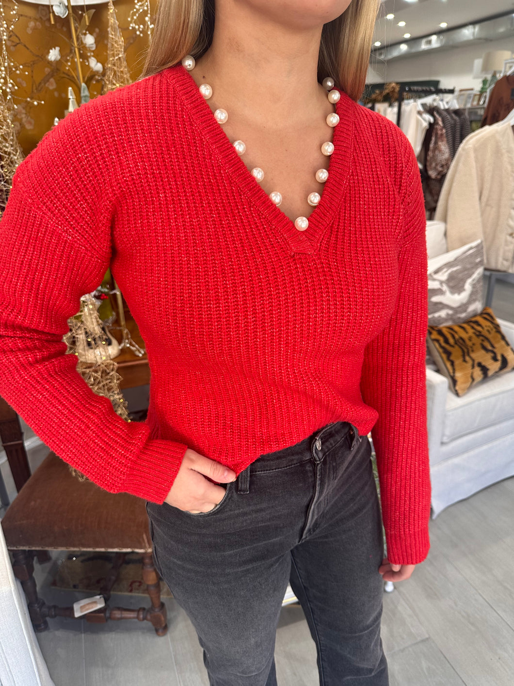 Red Pearl V-Neck Knit Sweater (THML)