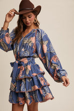Load image into Gallery viewer, Blue Floral Print V-Neck Tiered Skirt Dress