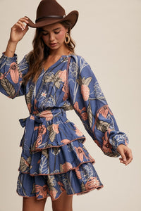 Blue Floral Print V-Neck Tiered Skirt Dress