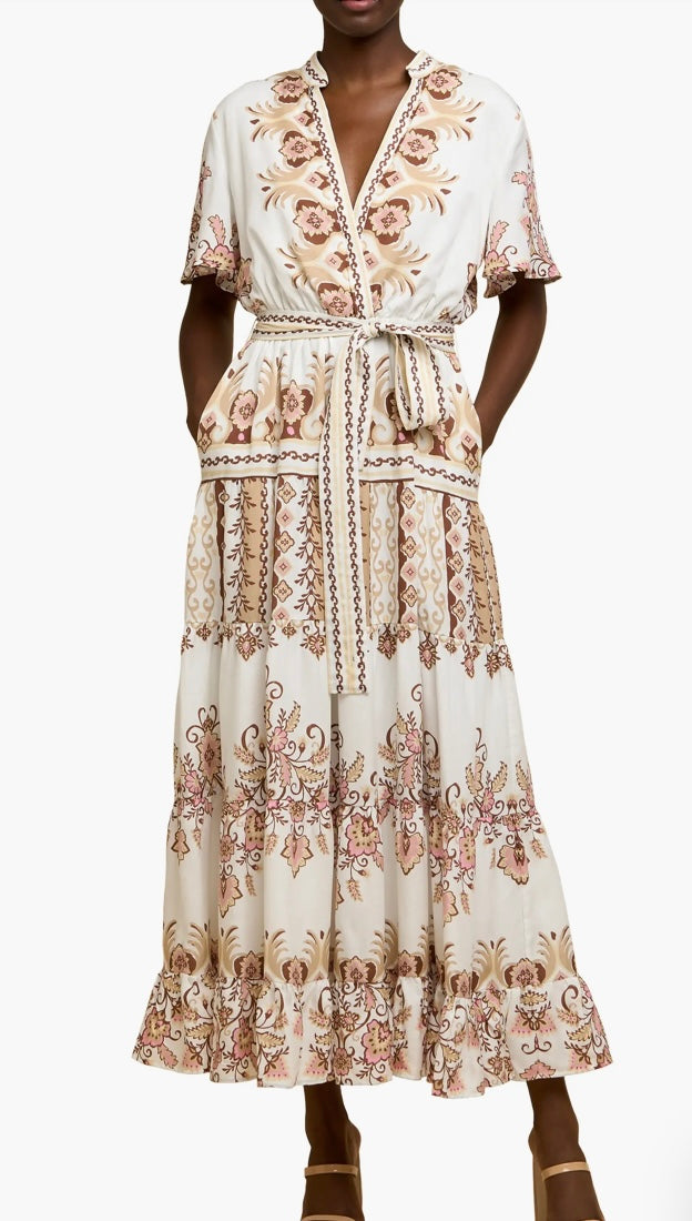 Cream Multi Print Tie Frnt Maxi Dress