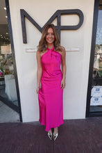 Load image into Gallery viewer, Magenta Satin Midi Dress w/ Velvet Halter Neck