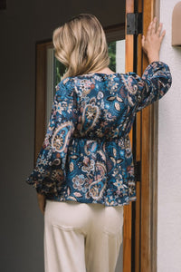 Navy Paisley Print LS V-Neck Blouse