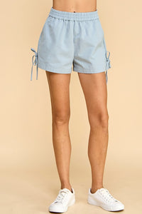 Powder Blue Side Tie Denim Shorts