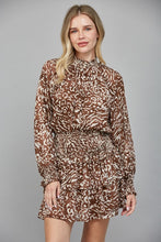Load image into Gallery viewer, Brown Animal Print Chiffon Smocked Waist Dress