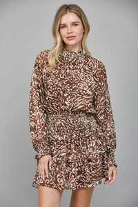 Brown Animal Print Chiffon Smocked Waist Dress