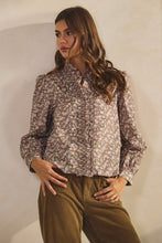 Load image into Gallery viewer, Mocha Floral Ruffled Neck LS Blouse
