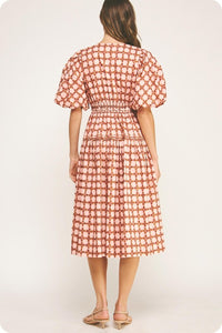 Pink Multi Print Puff Slv Midi Dress