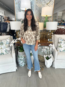 Taupe Floral V-Neck LS Blouse