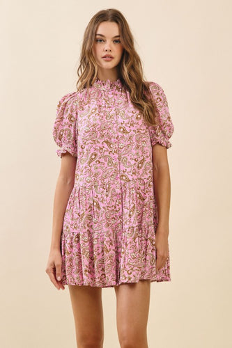 Pink Paisley Button Down Ruffle Detail Dress