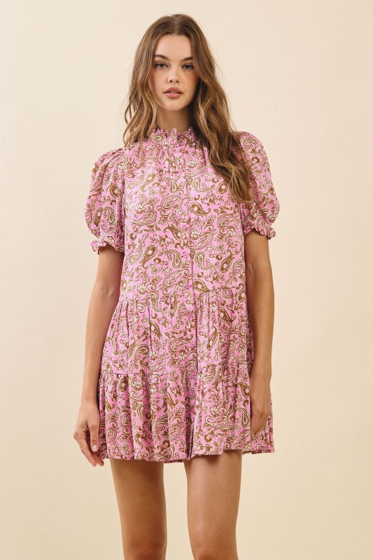 Pink Paisley Button Down Ruffle Detail Dress