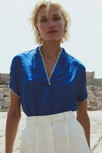 Whipstitch SS V-Neck Blouse Blue
