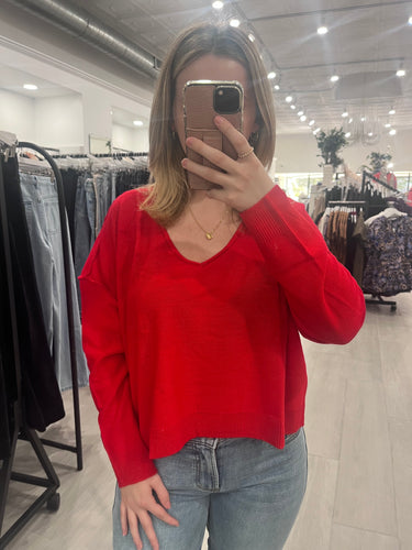 Red V-Neck Seam Detail Sweater