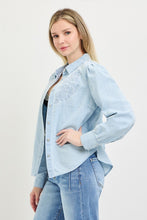 Load image into Gallery viewer, Light Denim Embroidered Shirring Slv Shirt