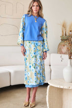 Load image into Gallery viewer, Light Olive/Blue Floral Elastic Band Midi Skirt