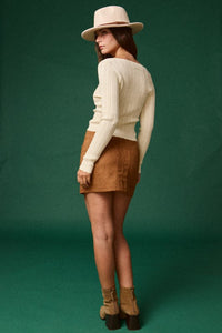 Cream Stretchy V-Neck LS Scallop Top