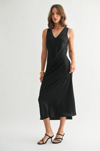 Black Satin V-Neck Maxi Dress