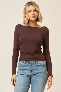 Brown Ruched Drop Shoulder LS Top