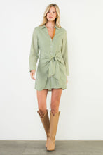 Load image into Gallery viewer, Green Striped LS Tie Frnt Dress (THML)