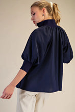 Load image into Gallery viewer, Navy Satin Zipper Puff Slv Blouse