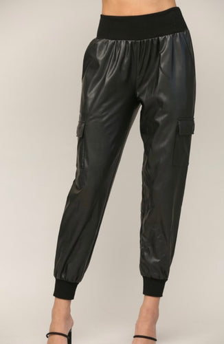 Black Leather Rib Band Jogger