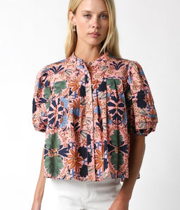 Deep Blush Multi Floral Puff Slv Top