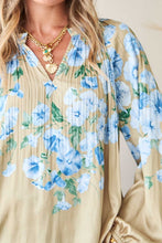 Load image into Gallery viewer, Light Olive/Blue Floral LS Pleated Blouse