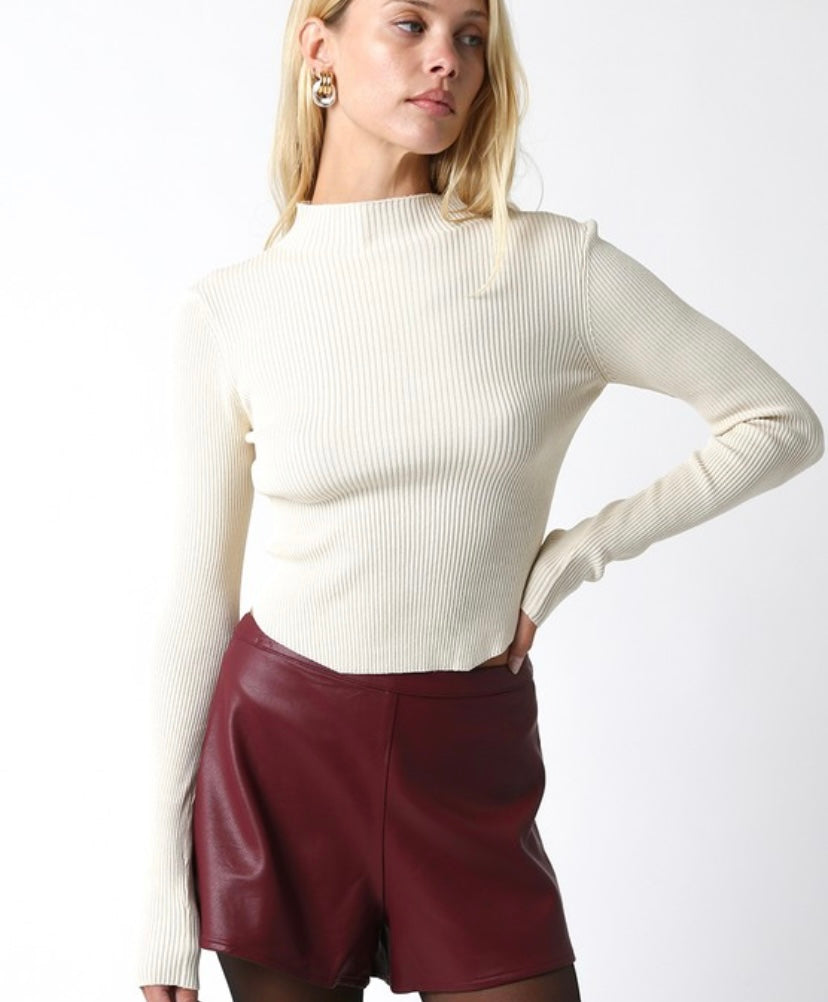 Ecru Mock Neck Ribbed LS Top