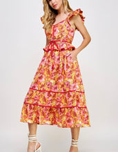 Load image into Gallery viewer, Orange Multi Floral Piping Midi Dress