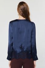 Load image into Gallery viewer, Navy Satin Lace Hem LS Blouse