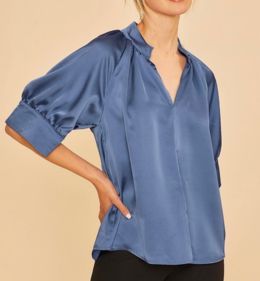 Dusty Blue Satin V-Neck SS Blouse