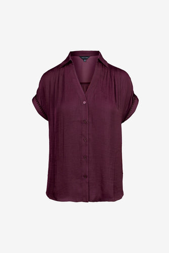 Maroon Whipstitch SS Button Up Top