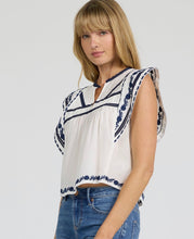 Load image into Gallery viewer, DJD White/Blue Embroidered Flutter Slv Top