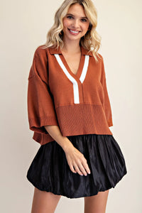 V-Neck Color Trim Sweater Brown