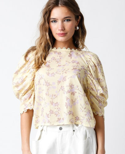 Yellow Floral Print Laced Slv Top