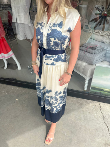 Navy/Cream Printed Belted Pleated Midi Dress