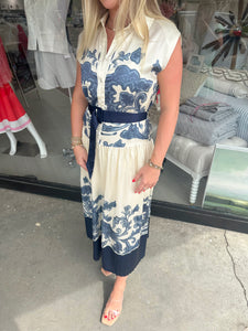 Navy/Cream Printed Belted Pleated Midi Dress