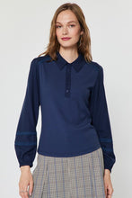 Load image into Gallery viewer, Navy Mixed Media Polo Knit LS Top