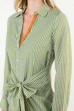 Load image into Gallery viewer, Green Striped LS Tie Frnt Dress (THML)