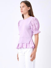 Load image into Gallery viewer, Lilac Eyelet Mixed Media Knit Top