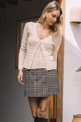 Cream Pointelle Knit Scalloped Button Down Top