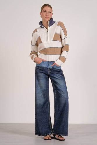 Camel Multi Stripe 1/4 Zip Sweater