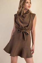Load image into Gallery viewer, Mock Neck Slvls Tie Front Dress Mocha