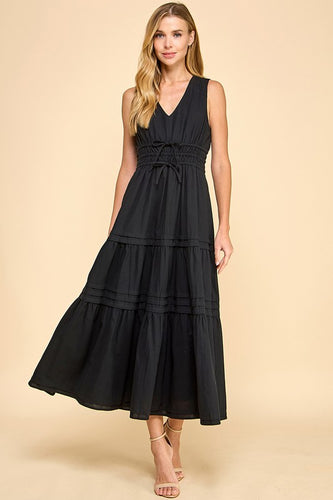 Black Elastic Waist Midi Dress