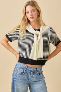 Black Striped SS Sweater w/ Shawl Set