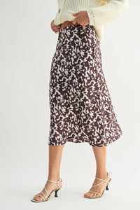 Brown/Ivory Abstract Print Satin Midi Skirt