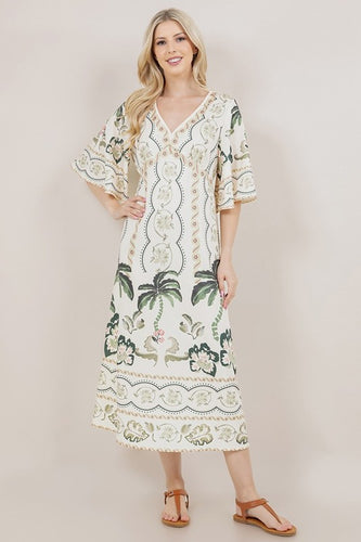 Apricot Printed SS V-Neck Long Dress