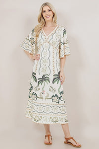 Apricot Printed SS V-Neck Long Dress
