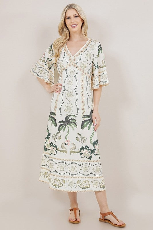 Apricot Printed SS V-Neck Long Dress